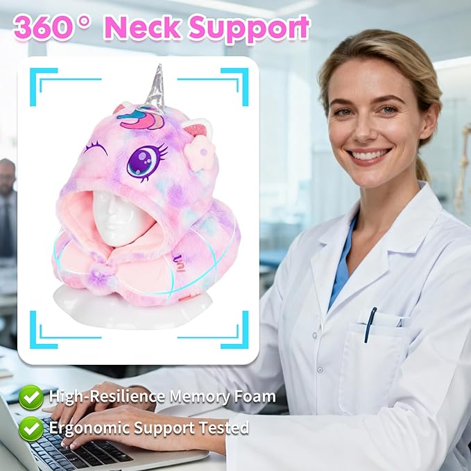 Travel Neck Pillow with Hood for Kids Adult Cute Soft Plush Memory Foam Airplane Neck Pillow for Traveling Animal Flight Pillow Head Rest Neck Support for Cars Long Flights