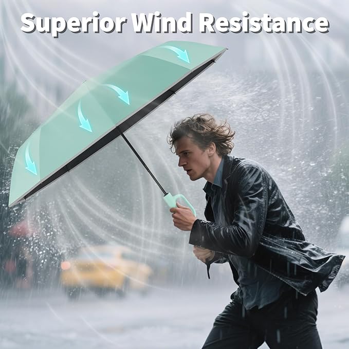 Seniny Travel Umbrella with Carabiner Handle, Windproof Large Umbrellas for Rain with Dual-Rib Structure, Portable Compact Umbrella with Reflective Strip, Car Backpack UV Umbrellas for Sun Protection