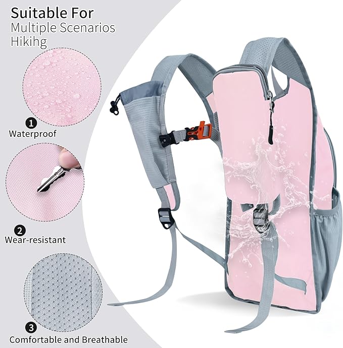 HIGH EXPERIENCE Hiking Backpack 10L/15L Small Daypack Lightweight Packable Travel Foldable Water Resistan for Women Men (Pink, 10L)