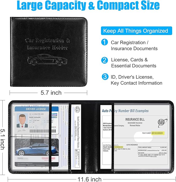 DMLuna Car Registration and Insurance Holder, Folio Leather Vehicle Card Document Glove Box Organizer, Auto Truck Compartment Accessories for Essential Information, Driver License Cards, Black