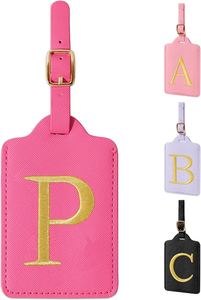 Personalized Rose Red Leather Initial Luggage Tags - Cute Embroidered Custom Monogram Tags for Suitcase, Travel Backpack