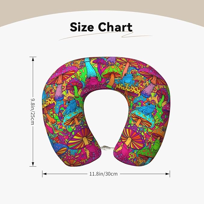 Support Neck Pillow for Youth Travel, Washable Airplane Chin Supporting and Relax U Shaped Pillows Watercolor Frogs Trippy Mushroom Cartoon