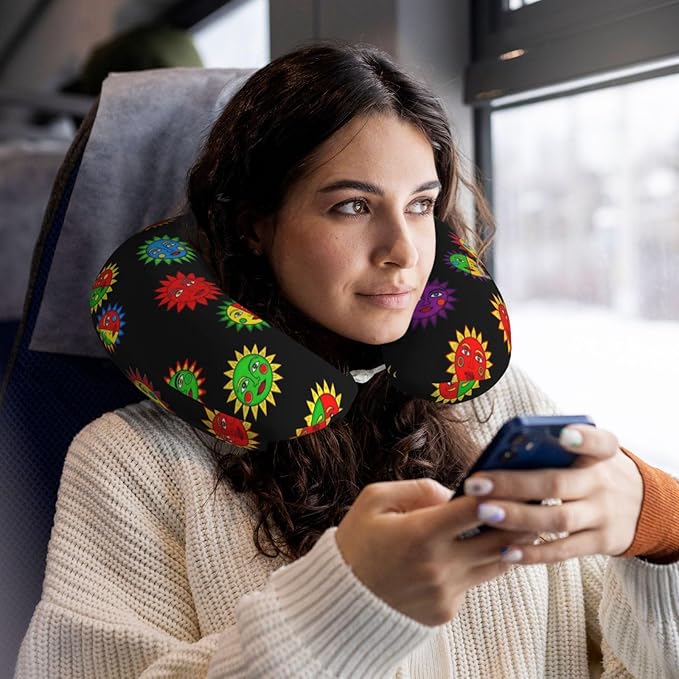 Neck Travel Pillow, Women Men Washable Airplane Car Pillows Trippy Sun Moon Art Black, Head Support Rest U Shaped Cushion Comfortable for Watching TV