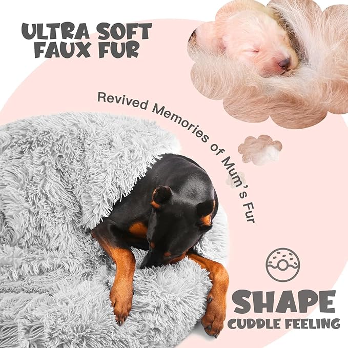 Himax Donut Dog Beds for Large Dogs with Blanket, Cozy Soft Fluffy Round Dogs Beds, Calming Dog Bed Washable (20"/26"/35") Light Grey