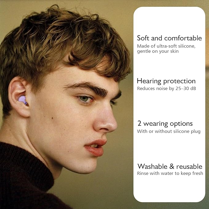 2 Pairs Ear Plugs for Sleeping, Soft Full Silicone Ear Plugs for Noise Reduction 25dB, Reusable Hearing Protection Earplugs for Concert, Focus, Noise Sensitivity, 8 Ear Tips in S/M/L - Purple