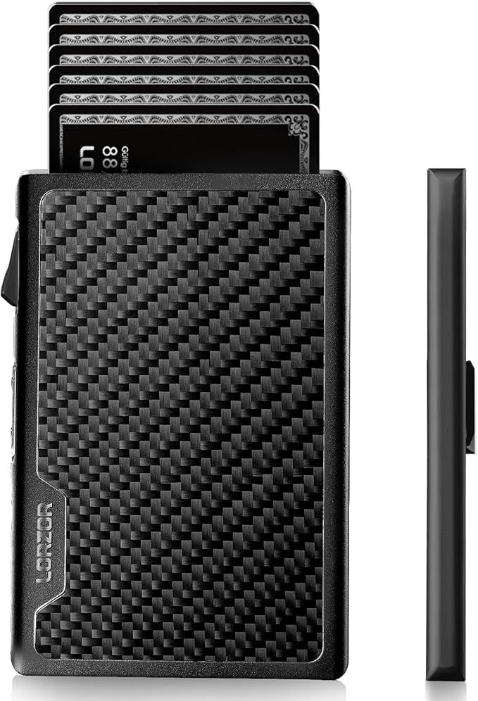 LORZOR Carbon Fiber Wallet for Men, 0.3IN Ultra-slim Minimalist Card Holder with Money Clip, Trigger Button for Quick Card Access, Ultra-light Aerospace Aluminum, RFID-Blocking, Gift Box