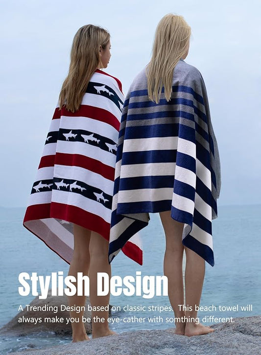 cabanana Large Beach Towel Oversized - Cotton Velour 35 x 70 Inch Shark Striped Terry Pool Towel, Cabana Soft Swimming Towel for Adults Women Men (Navy Red)