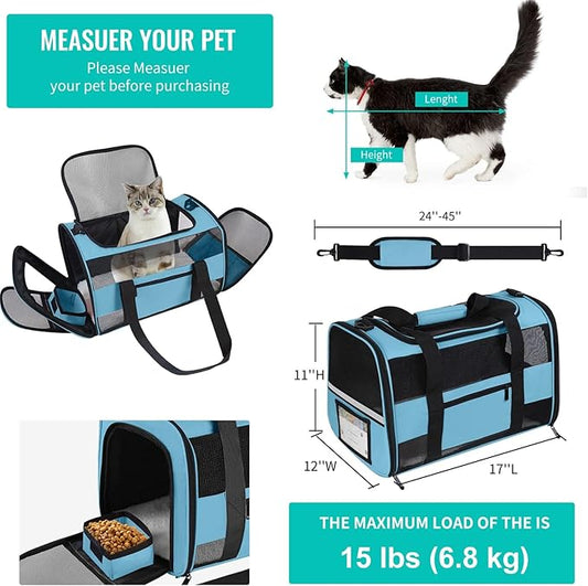 Soft - Sided Pet Carrier for Cats and Small Dogs, Airline - Approved, Blue Travel Tote with Mesh Windows, Foldable Bowl, Shoulder Strap, Oeko - TEX Certified