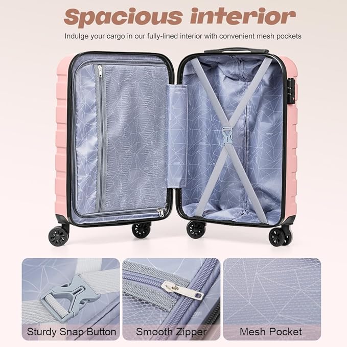 AnyZip Luggage Set 20 Inch Carry on Luggage PC ABS Hardshell Lightweight Suitcases for Travelling with 4 Universal Wheels TSA Lock Pink