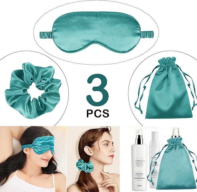 3Pcs Satin Eye Mask Silk Sleep Masks Set Silky Blindfold Eyeshade Blackout Eyes Cover Pouches Bag Scrunchy Wedding Gift