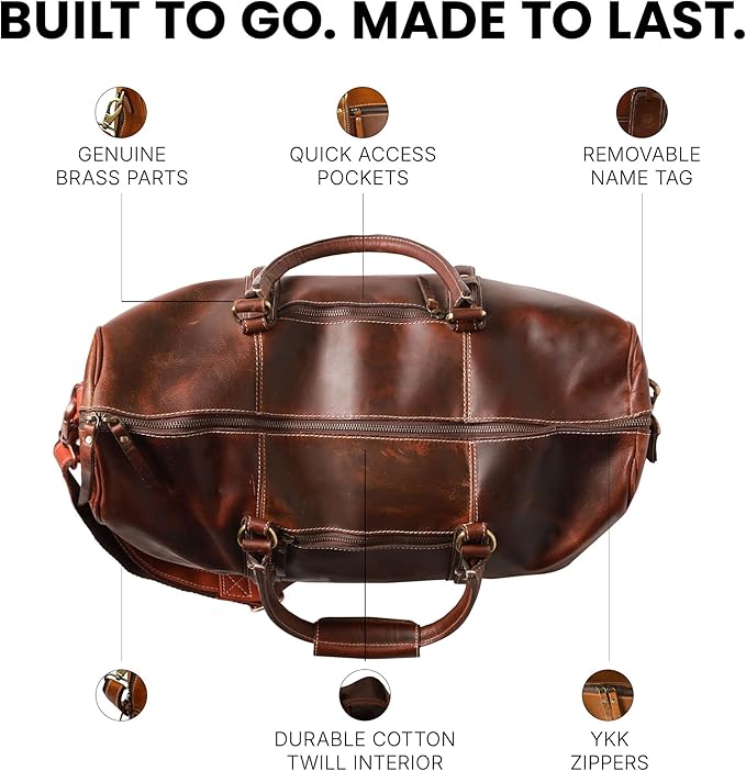 Premium Full-Grain Leather Duffle Bag for Men & Women | 20-Inch Handcrafted TSA Approved Carry-On Weekender Travel Bag with Multiple Pockets & Compartments by Northridge Leather (Antique Brown)