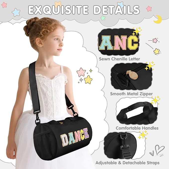 Personalized Dance Bag for Girls, Teen Toddler Ballet Bag Cute Chenille Letter Gym Sport Workout Duffel Bags, Waterproof Cheer Dancer Overnight Weekender Bags for Birthday Christmas Gift(Black)