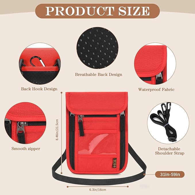 Passport Holder for Travel, Neck Pouch Travel Wallet With RFID Blocking, Waterproof Lightweight Passport Wallet for Women and Men (Red)