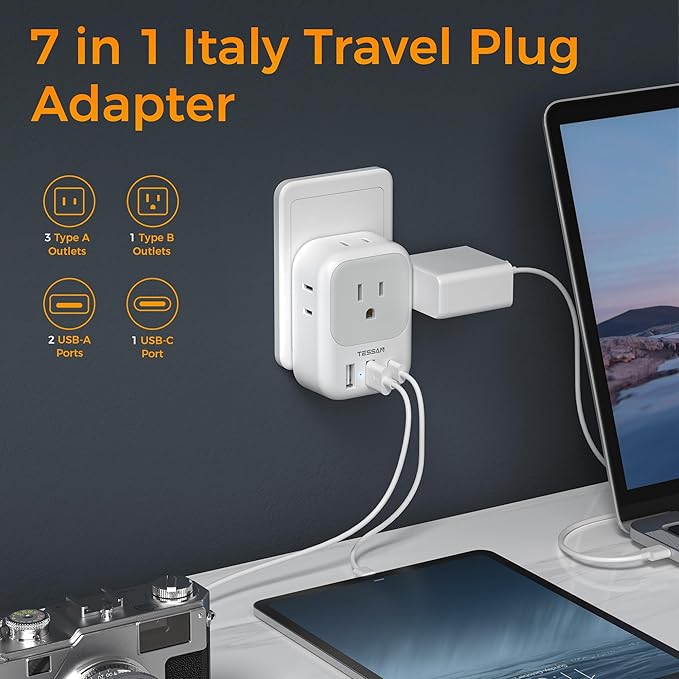 Italy Travel Plug Adapter, TESSAN Type L Adapter for Travel with 4 Outlets 3 USB Ports (1 USB-C), Power Adaptor for US to Italy Chile Rome Uruguay Milan Libya