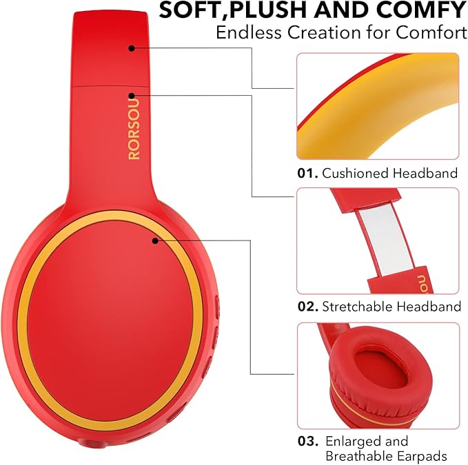 RORSOU B10 Wireless Bluetooth Over-Ear Headphones, Lightweight Folding Stereo Bass Headset with Mic, 50H Playtime, Volume Control, Bluetooth 5.3 Headphones for iPad/Travel/Tablet/PC (Red)