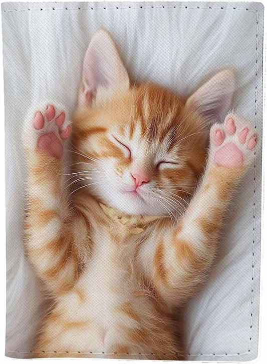 Little Kitten Passport Holder for Travel Cat Sleeps on Fur White Blanket PU Leather Passport Cover Wallet Cute Passport Card Holder for Women and Men