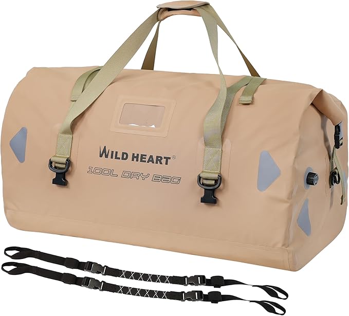 WILD HEART Waterproof Motorcycle Duffel Bag PVC500D Double-bottom With Rope Straps and Inner Pocket 40L 66L 100L for Kayaking, Camping, Boating,Motorcycle