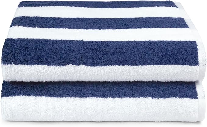 Amazon Basics 100% Cotton Terry Absorbent Cabana Stripe Pool & Beach Towels, Soft, Large, and Thick, 2-Pack, Navy Blue, 30 in x 60 in