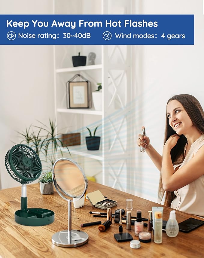 Primevolve Battery Operated Fan,Portable Rechargeable USB Floor Table Desk Fan with Adjustable Height, 4 Speed Settings Pedestal Fan for Bedroom Camping Travel,Green 7.7"