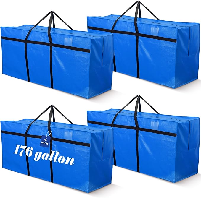 4 Pcs 176 Gallon Large Moving Bags with Zipper and Handles Foldable Storage Duffle Bags Heavy Duty Extra Large Totes for College Dorm Travel Clothes Blankets Bedding Moving (Blue)