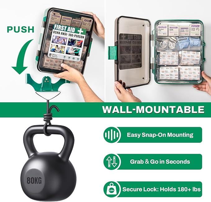 RHINO RESCUE First Aid Kit for Business - Plastic Wall Mounted First Aid Box, Hard Case Emergency Kit for Home, Office, Workshop, Restaurant (Green)