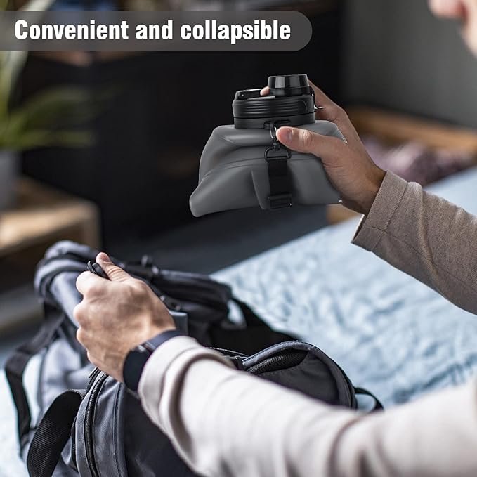 Collapsible Water Bottles, 2L/64OZ travel water bottle Bottle with Straw, Half Gallon Large Water Bottle for Travel Outdoor Sports Runing Fitness Yoga (Upgraded black)