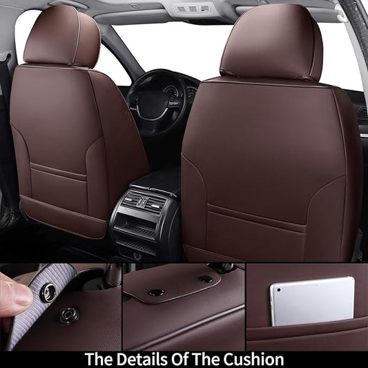 Coverado Universal Seat Covers Front, 2-Pack Universal Seat Covers for Cars, Waterproof Nappa Leather Car Seat Covers with Head Pillow, Auto Protectors Fit for Most Sedans SUV Pick-up Truck-Brown