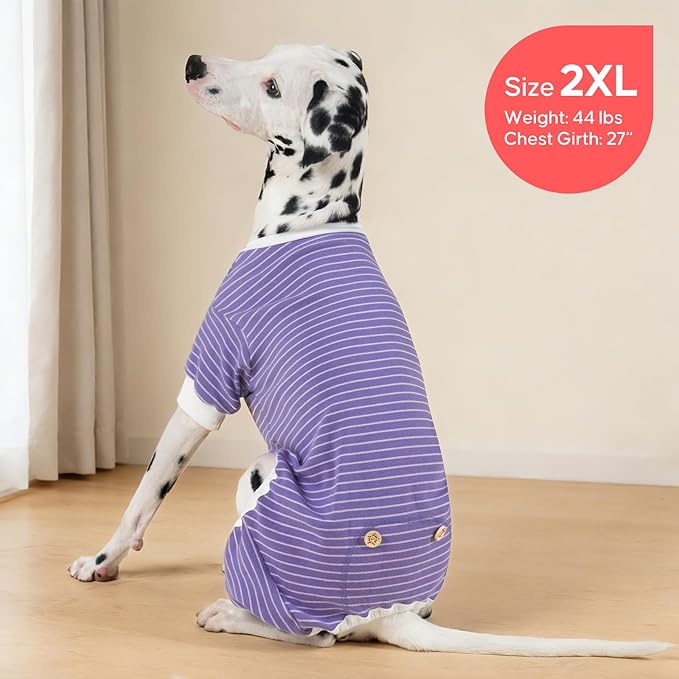 KYEESE Dog Pajamas Striped Clothes Pet PJS Lightweight Doggie Jammies 4 Legs Outfit Soft Dog Pajamas Cozy Pet Clothes Onesie Comfortable PJS for Medium Dogs Doggie Onesie,Purple Striped, XX-Large