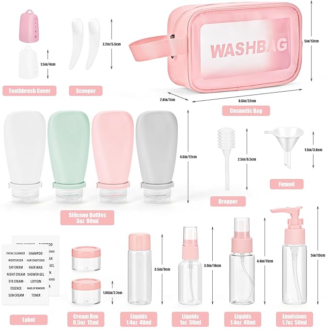 18 Pcs Travel Bottles for Toiletries Gym TSA Approved, Leak Proof with Bandage Silicone Squeezable 3oz for Toner Shampoo Conditioner Lotion Body Wash with Toothbrush Cover Tag and Wash Bag