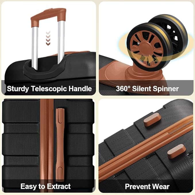 AnyZip Luggage Set 5 Piece PC ABS Hardshell Lightweight Suitcases for Travelling with 4 Universal Wheels TSA Lock Carry on Suitcase Black Brown