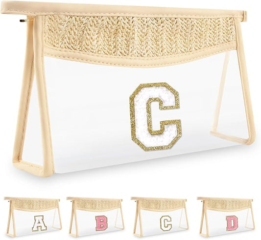 Personalized Initial Letter Bag Boho Straw Clear Makeup Bag,Small Cute Chenille Varsity Letter Bag With Zipper,Beach Travel Toiletry Bag,Portable Monogrammed Cosmetic Bag for Women Girls,C