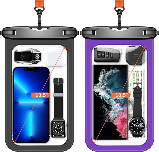 Lanhiem Large Waterproof Phone Pouch [Up to 10.5"] Universal IPX8 Waterproof Dry Bag with Lanyard for iPhone 16 Pro Max /15/14, S24 Ultra/ S23/ S22 Plus/ S23 FE, Moto G/Pixel 9 8 Pro, Black+Purple