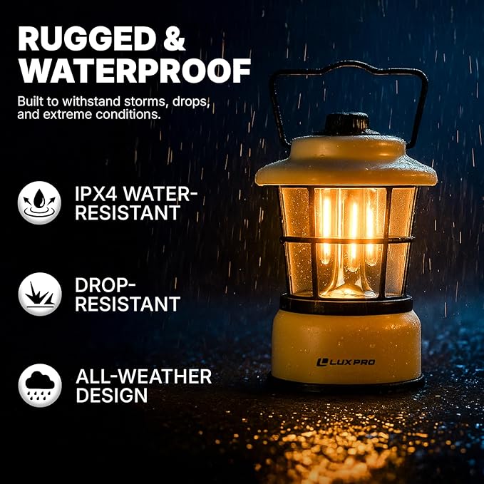 LUXPRO Retro LED Lantern - Battery-Powered Emergency Lantern - Water Resistant - Bright LED Lamp for Indoor & Outdoor Use - Use for Tents, Hiking or Hurricane Prep (Beige, Pack of 1)