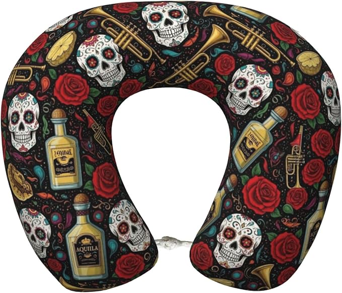 Support Neck Pillow for Youth Travel, Washable Airplane Chin Supporting and Relax U Shaped Pillows Vintage Day of Dead Sugar Skulls Rose Flowers Cactus