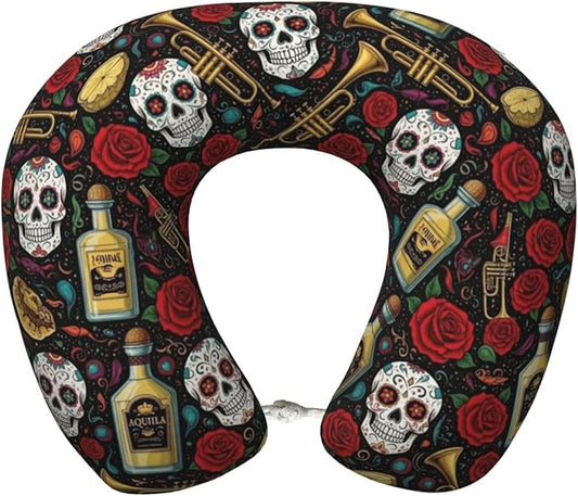 Support Neck Pillow for Youth Travel, Washable Airplane Chin Supporting and Relax U Shaped Pillows Vintage Day of Dead Sugar Skulls Rose Flowers Cactus