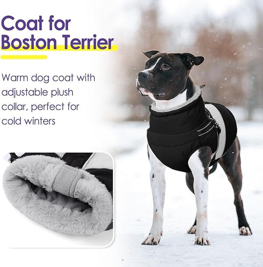 SUNFURA Dog Coat, XXXL Dog Jacket Winter with Harness Built in, Waterproof Pet Snow Jacket with Furry Collar for Chilly Day, Reflective Fleece Snowsuit for Extra Large Dogs, Black 3XL