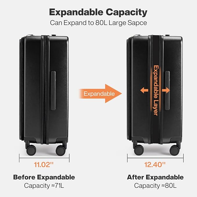 mixi 24 Inch Large Expandable Checked Luggage PC Hard Shell Suitcase Top Opening Rolling Travel Suitcases with Spinner Wheels & TSA Lock, Black