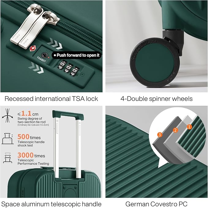 mixi Carry On Luggage with Cup Phone Holder Hard Shell Rolling Travel Suitcases with Spinner Wheels,20 Inch Blackish Green