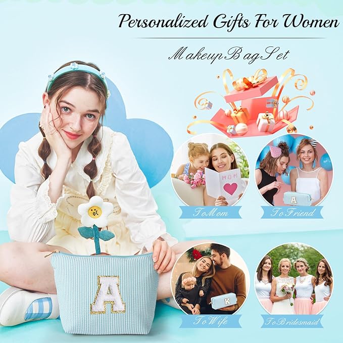 YOOLIFE Initial Makeup Bag for Women - Monogram Cute Makeup Bags Cosmetic Toiletry Pouch Make Up Case for Women Her Best Friend Friendship Sister Teacher, Personalized Birthday Gifts for Women E