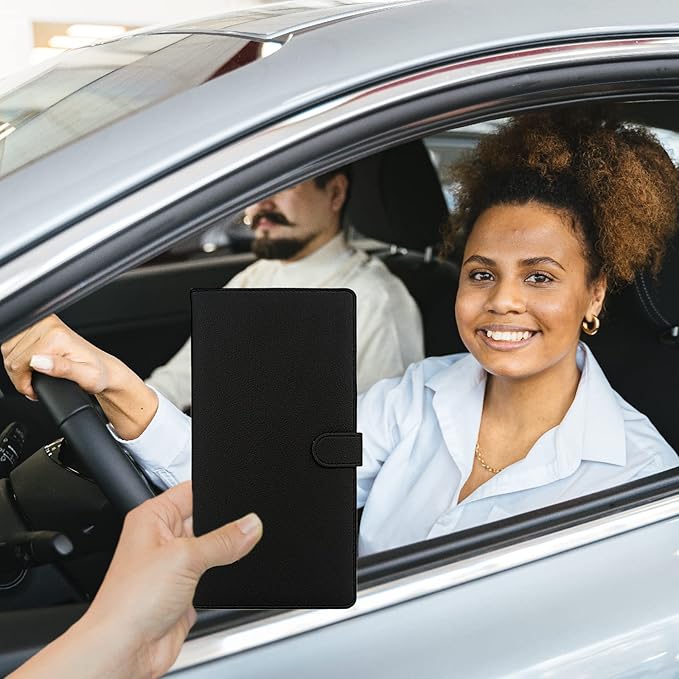 Car Registration and Insurance Holder, Leather Magnetic Shut Vehicle Glove Box Organizer for Document, Card, Driver License, Black