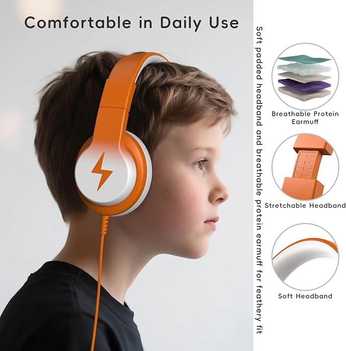 Kids Headphones, Wired Headphones for Kids Over Ear with Microphone, 85/94dB Volume Limiter Headphone for Girls Boys, Foldable Headphone for Learning & Entertainment, White and Orange