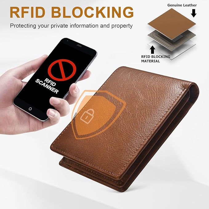 MARZAHAR Genuine Leather Mens Wallet, RFID Blocking Bifold Wallet for Men with ID Window, 11 Credit Card Slots (Brown)