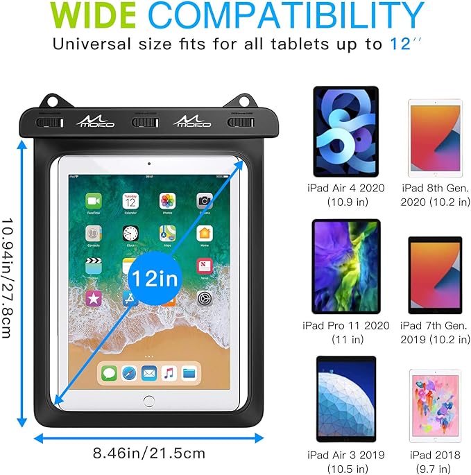 MoKo Waterproof Tablet Case, Tablet Pouch Dry Bag Compatible with iPad 10th, iPad Pro 11 2022, iPad 9/9.7/10.2, iPad Mini 6/5/4/3, iPad Air 5/4, Air 3, Galaxy Tab S6/S7, Tab A 9.7, Up to 12", Black