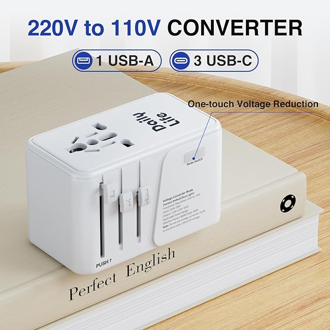 DAILYLIFE 220V to 110V Converter, Travel Adapter US to Europe - Power Converter Adapter Combo with 3 USB C and 1 USB A for US/UK/EU/AU, 1 Pack (White)
