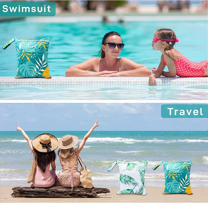 Wet Dry Bag Waterproof Reusable Wet Bag for Swimsuit, Travel, Beach, Pool, Bathing, Diapers, Dirty Yoga Gym Clothes Toiletries Daycare Organizer with Two Zippered Pockets (green leaf)
