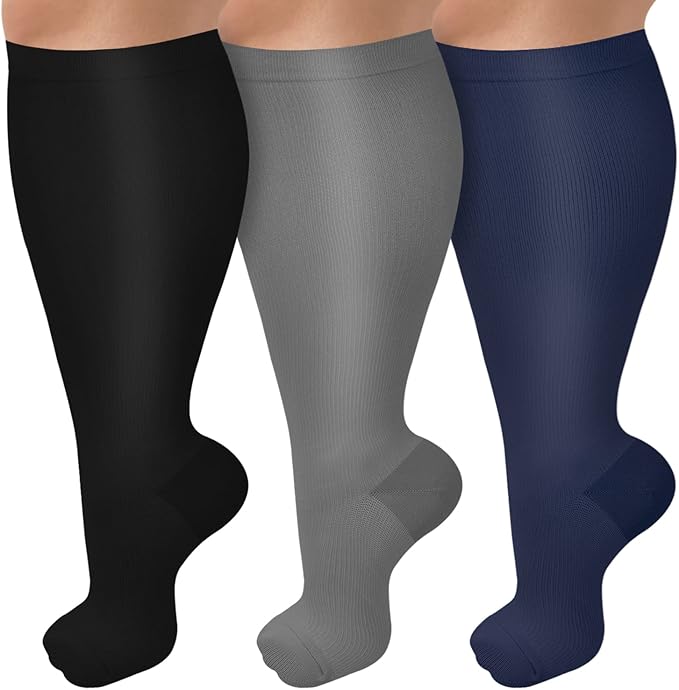 3 Pack Plus Size Compression Socks for Women & Men, Extra Wide Calf Knee High Stockings for Circulation Support
