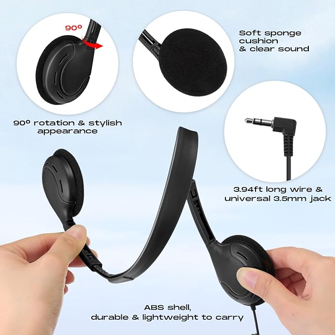 Yunsailing 30 Pack Bulk Over Ear Headphones Set On Ear Headsets Earphones with Adjustable Headband and 3.5mm Plug for Group Learning, Computer Lab, Library, Online Lesson (Black)