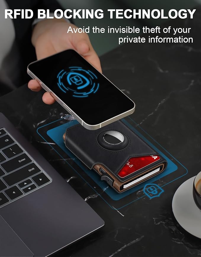 Airtag Wallet for Men, Minimalist Slim Mens Wallet Smart Pop Up Credit Card Holder for 9-13 Cards, RFID Blocking Wallet with ID Window & Cash Slot, Compact Bifold Metal Aluminum Card Case