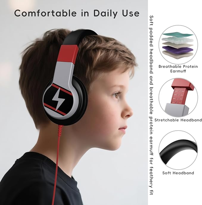Kids Headphones, Wired Headphones for Kids Over Ear with Microphone, 85/94dB Volume Limiter Headphone for Girls Boys, Foldable Headphone for Learning & Entertainment, Black and Red