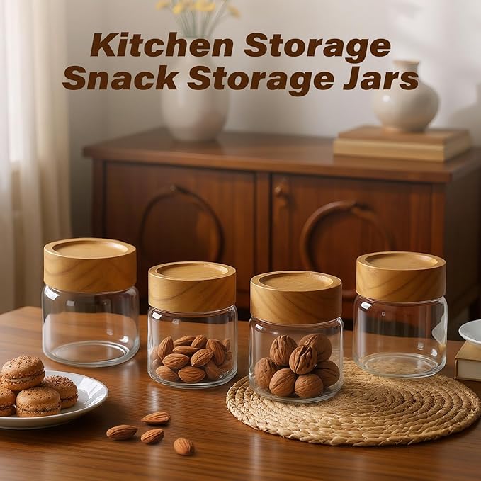 Zoaiirte 6-Pack 6 oz Airtight Food Sealed Jars with Acacia Wood Lids - Glass Meal Prep Containers for Overnight Oats, Snack Storage, Chia Pudding, Pantry Organization Essentials
